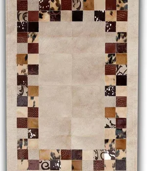 Covor din piele naturală SR4 Beige Grabados, lăptos cu pătrate bej -