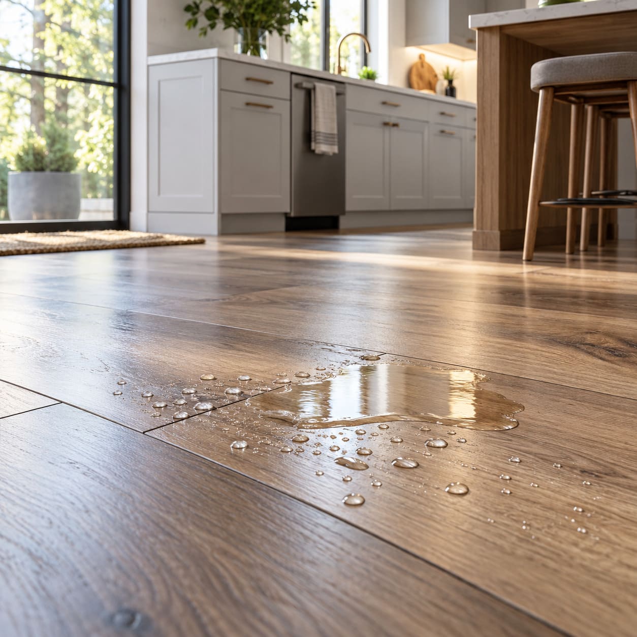 Picături de apă pe suprafața unei pardoseli laminate